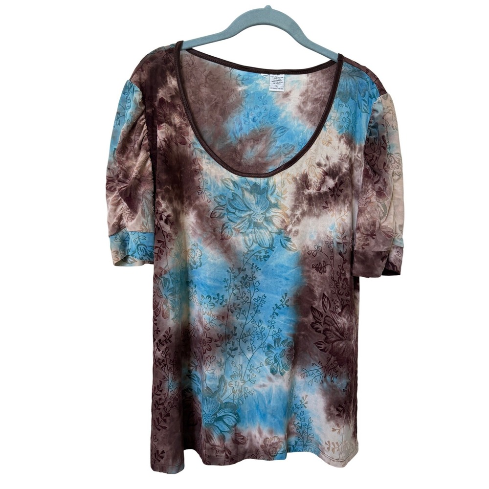 Y2K Womens XL Blue Brown Tie Dye Floral Burnout Mesh Puff Sleeve Scoop Neck Top